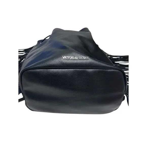 Victoria’s Secret Black Drawstring Fringed Backback Tote Faux Leather NWOT - Picture 6 of 11